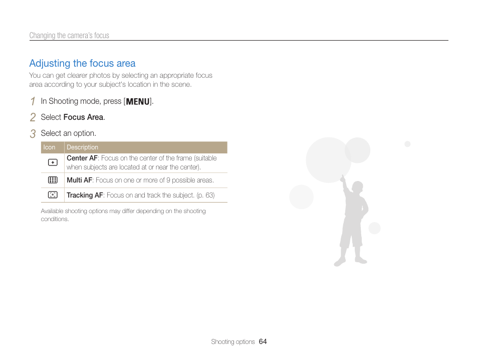 Adjusting the focus area, Adjusting the focus area ………………… 64 | Samsung EC-ST200FBPBCA User Manual | Page 65 / 163