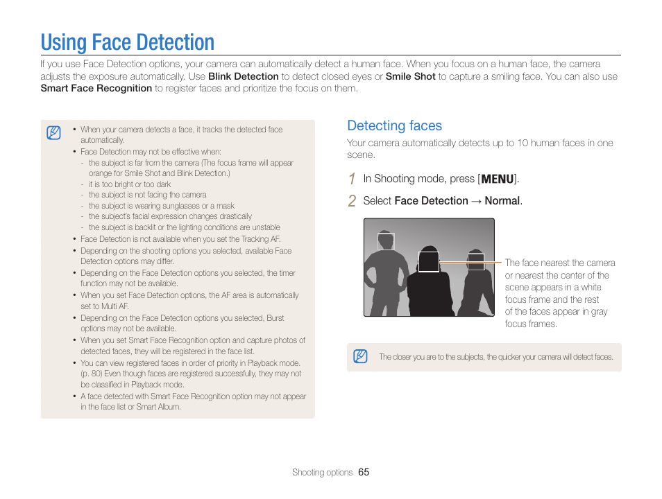 Using face detection, Detecting faces, Detecting faces …………………………… 65 | Samsung EC-ST200FBPBCA User Manual | Page 66 / 163