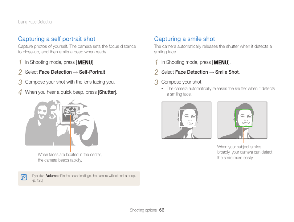 Capturing a self portrait shot, Capturing a smile shot | Samsung EC-ST200FBPBCA User Manual | Page 67 / 163