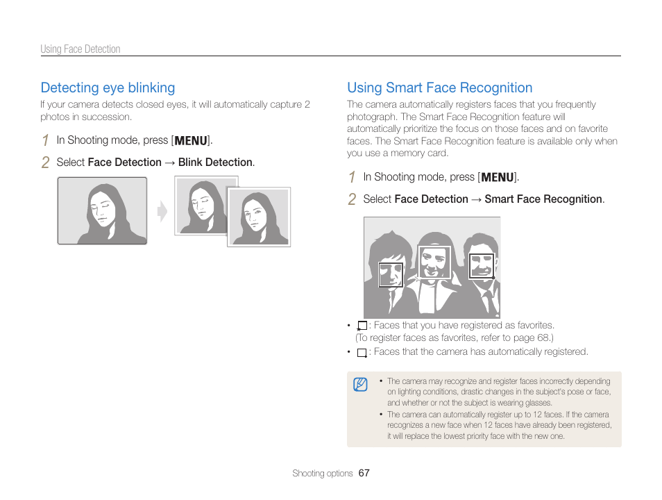 Detecting eye blinking, Using smart face recognition | Samsung EC-ST200FBPBCA User Manual | Page 68 / 163