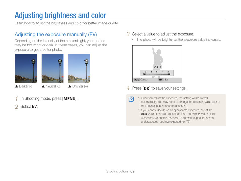 Adjusting brightness and color, Adjusting the exposure manually (ev), Adjust the exposure. (p. 69) | Adjusting the exposure manually (ev) …… 69 | Samsung EC-ST200FBPBCA User Manual | Page 70 / 163