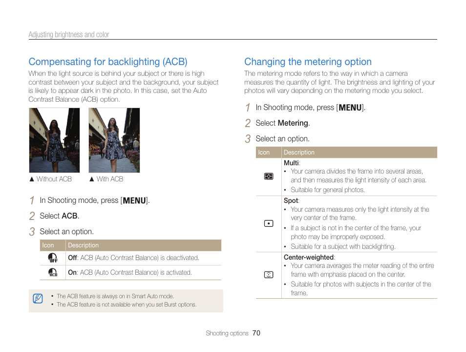 Compensating for backlighting (acb), Changing the metering option, Option. (p. 70) | Samsung EC-ST200FBPBCA User Manual | Page 71 / 163
