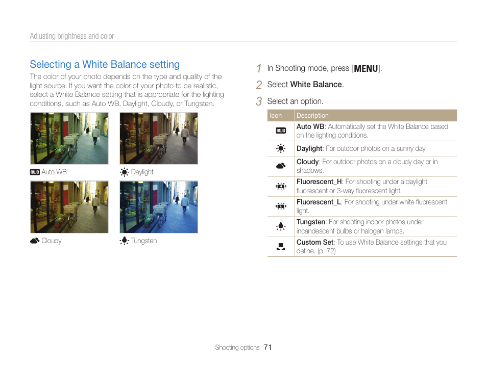 Selecting a white balance setting, Selecting a white balance setting ………… 71 | Samsung EC-ST200FBPBCA User Manual | Page 72 / 163