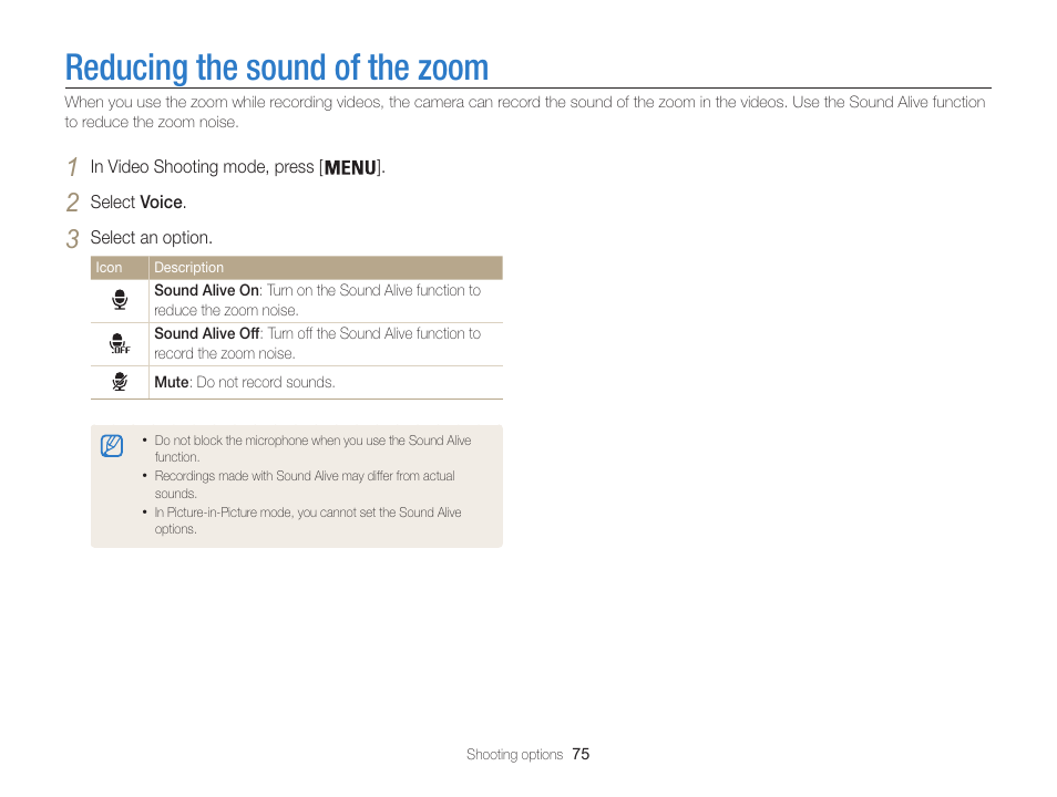 Reducing the sound of the zoom | Samsung EC-ST200FBPBCA User Manual | Page 76 / 163