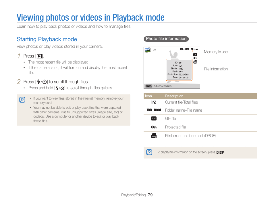 Viewing photos or videos in playback mode, Starting playback mode, Starting playback mode ………………… 79 | Samsung EC-ST200FBPBCA User Manual | Page 80 / 163