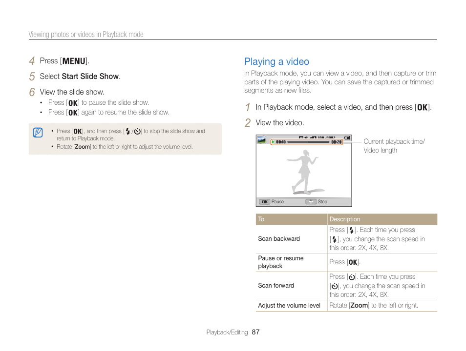 Playing a video, Playing a video …………………………… 87 | Samsung EC-ST200FBPBCA User Manual | Page 88 / 163