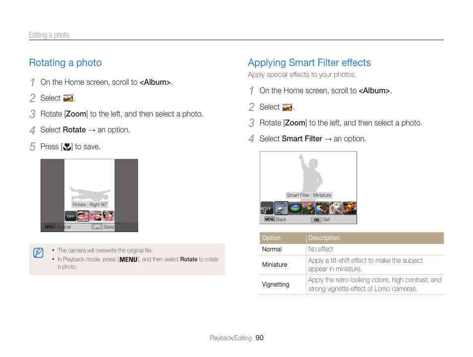 Rotating a photo, Applying smart filter effects | Samsung EC-ST200FBPBCA User Manual | Page 91 / 163