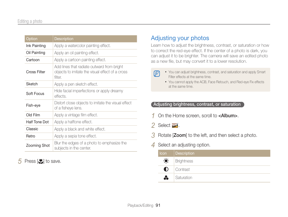 Adjusting your photos, Adjusting your photos …………………… 91 | Samsung EC-ST200FBPBCA User Manual | Page 92 / 163