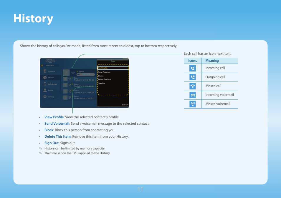 History | Samsung Skype for Samsung TV User Manual | Page 11 / 13