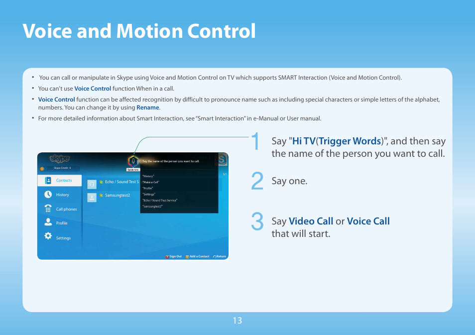 Voice and motion control | Samsung Skype for Samsung TV User Manual | Page 13 / 13