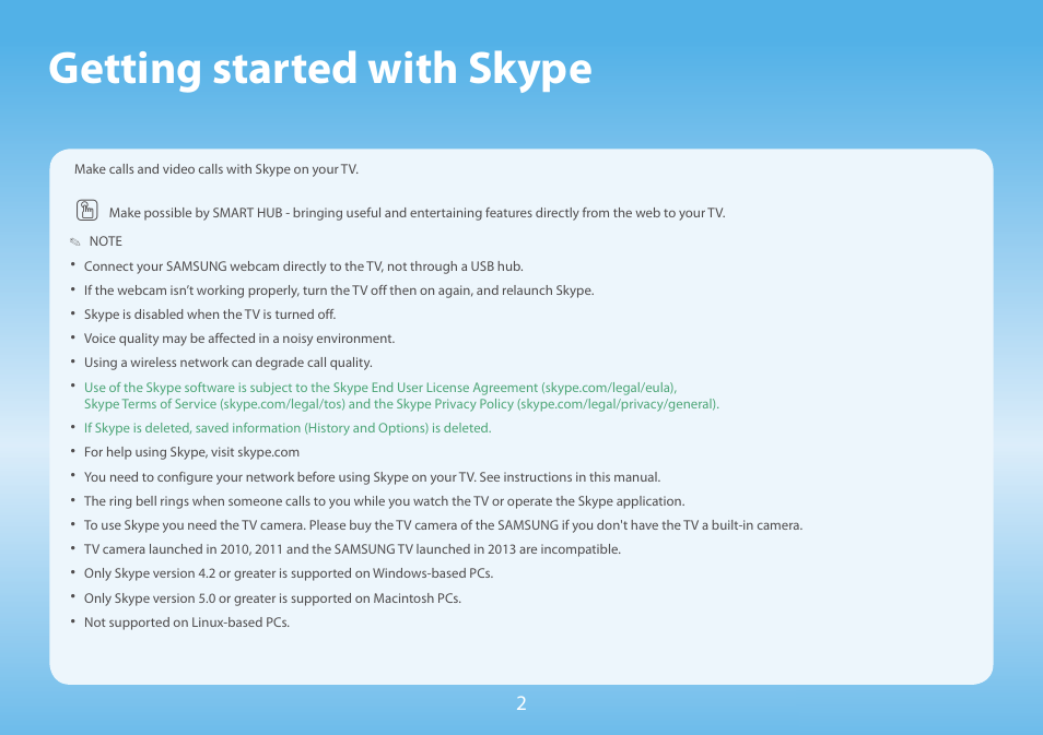Getting started with skype | Samsung Skype for Samsung TV User Manual | Page 2 / 13