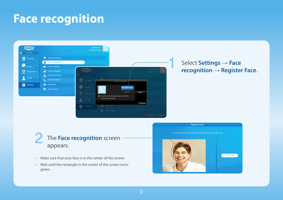 Face recognition, The face recognition screen appears, Select settings → face recognition → register face | Samsung Skype for Samsung TV User Manual | Page 5 / 13