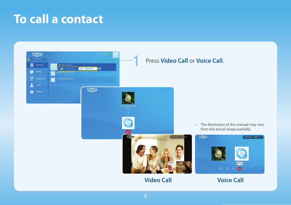 Press video call or voice call, Video call, Voice call | Samsung Skype for Samsung TV User Manual | Page 9 / 13