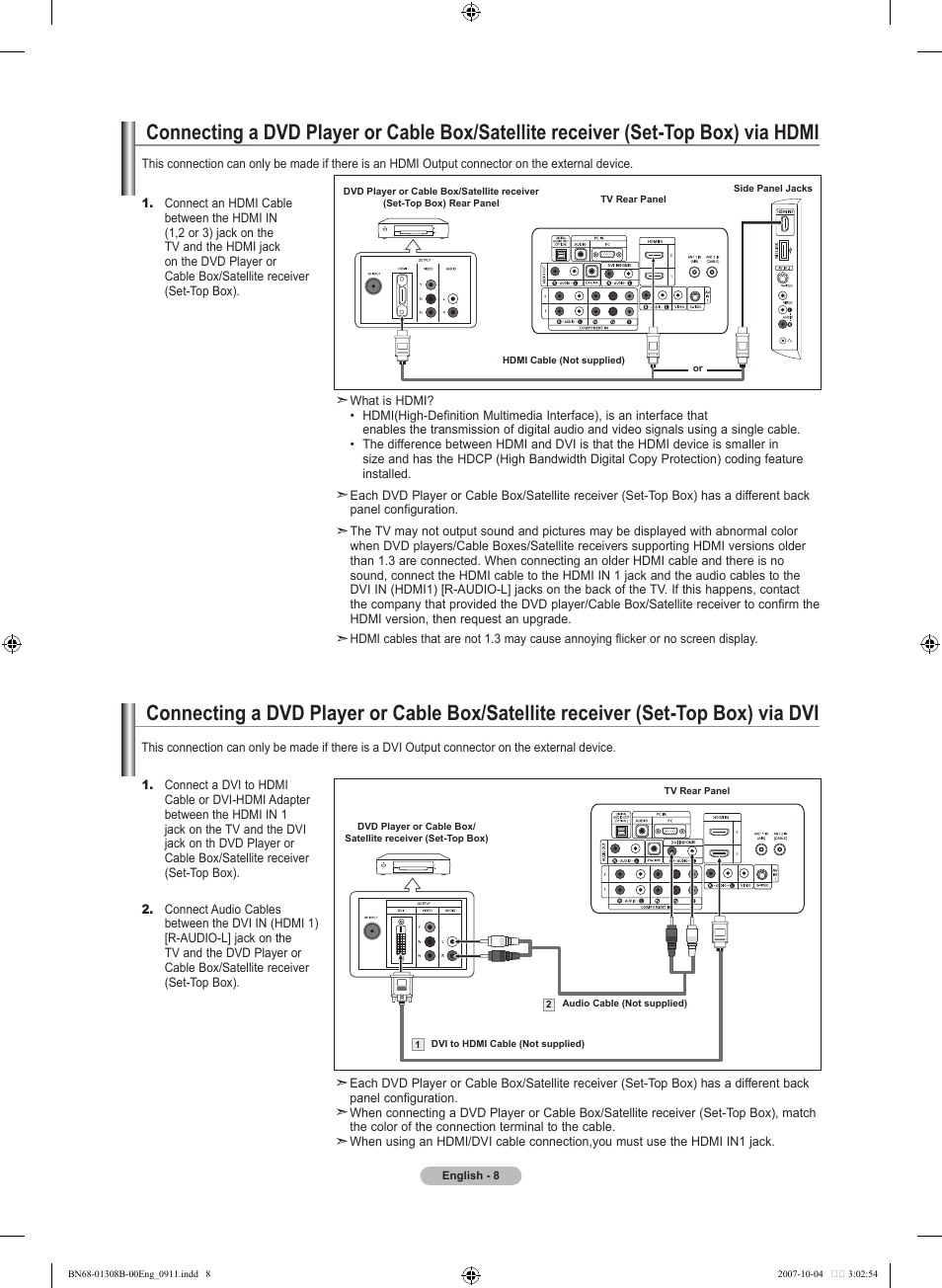 Connecting cable tv, Connecting a dvd player or cable box/satellite, Receiver (set-top box) via hdmi | Samsung LNT7081FX-XAA User Manual | Page 10 / 266