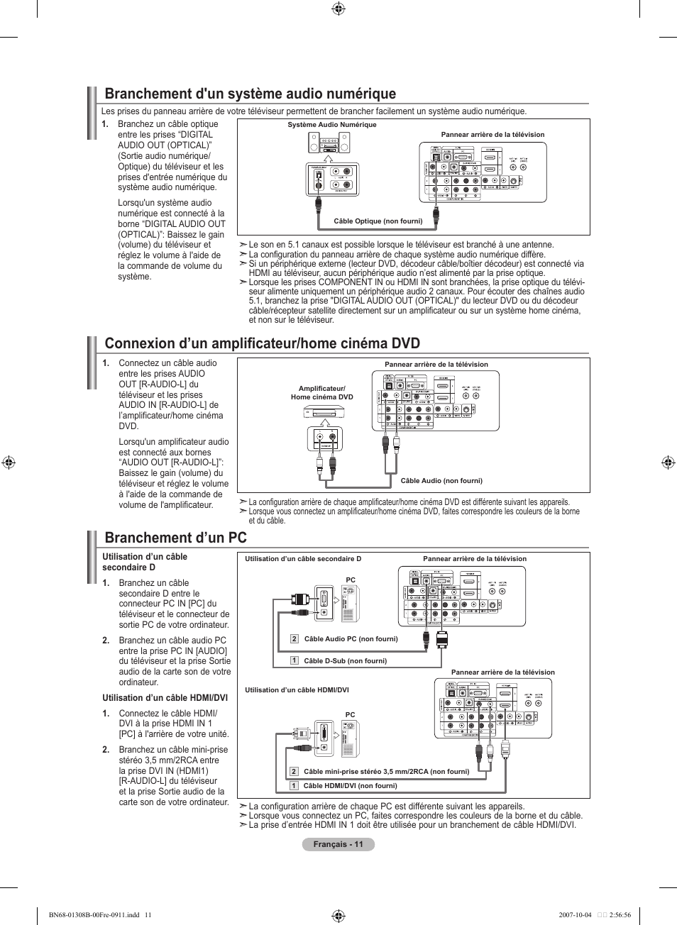 Connexion d’un amplificateur/home cinéma dvd, Branchement d'un système audio numérique, Branchement d’un pc | Samsung LNT7081FX-XAA User Manual | Page 101 / 266