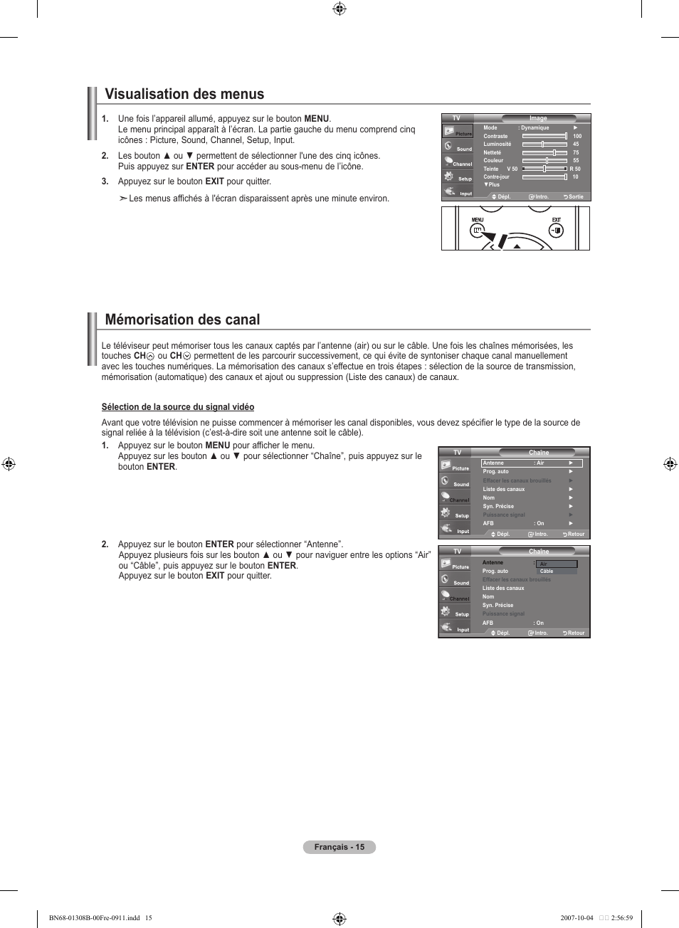 Visualisation des menus, Mémorisation des canal | Samsung LNT7081FX-XAA User Manual | Page 105 / 266