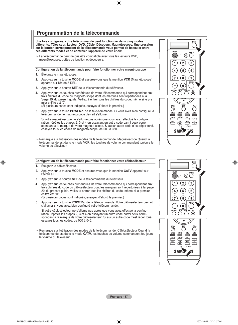 Programmation de la télécommande | Samsung LNT7081FX-XAA User Manual | Page 107 / 266