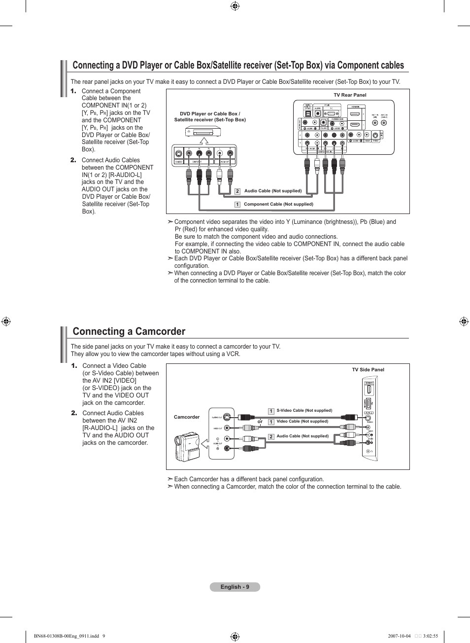 Connecting a camcorder, Receiver (set-top box) via dvi, Connecting a dvd player or cable box/satellite | Receiver (set-top box) via component cables | Samsung LNT7081FX-XAA User Manual | Page 11 / 266