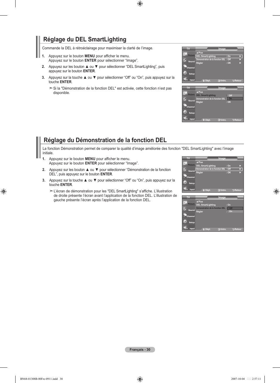 Réglage du del smartlighting, Réglage du démonstration de la fonction del | Samsung LNT7081FX-XAA User Manual | Page 120 / 266
