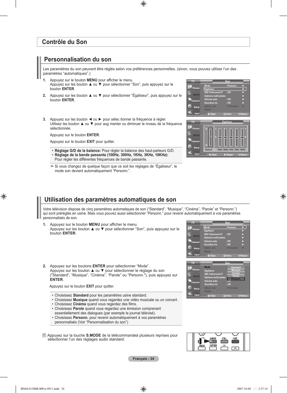 Personnalisation du son, Utilisation des paramètres automatiques de son, Contrôle du son | Samsung LNT7081FX-XAA User Manual | Page 124 / 266