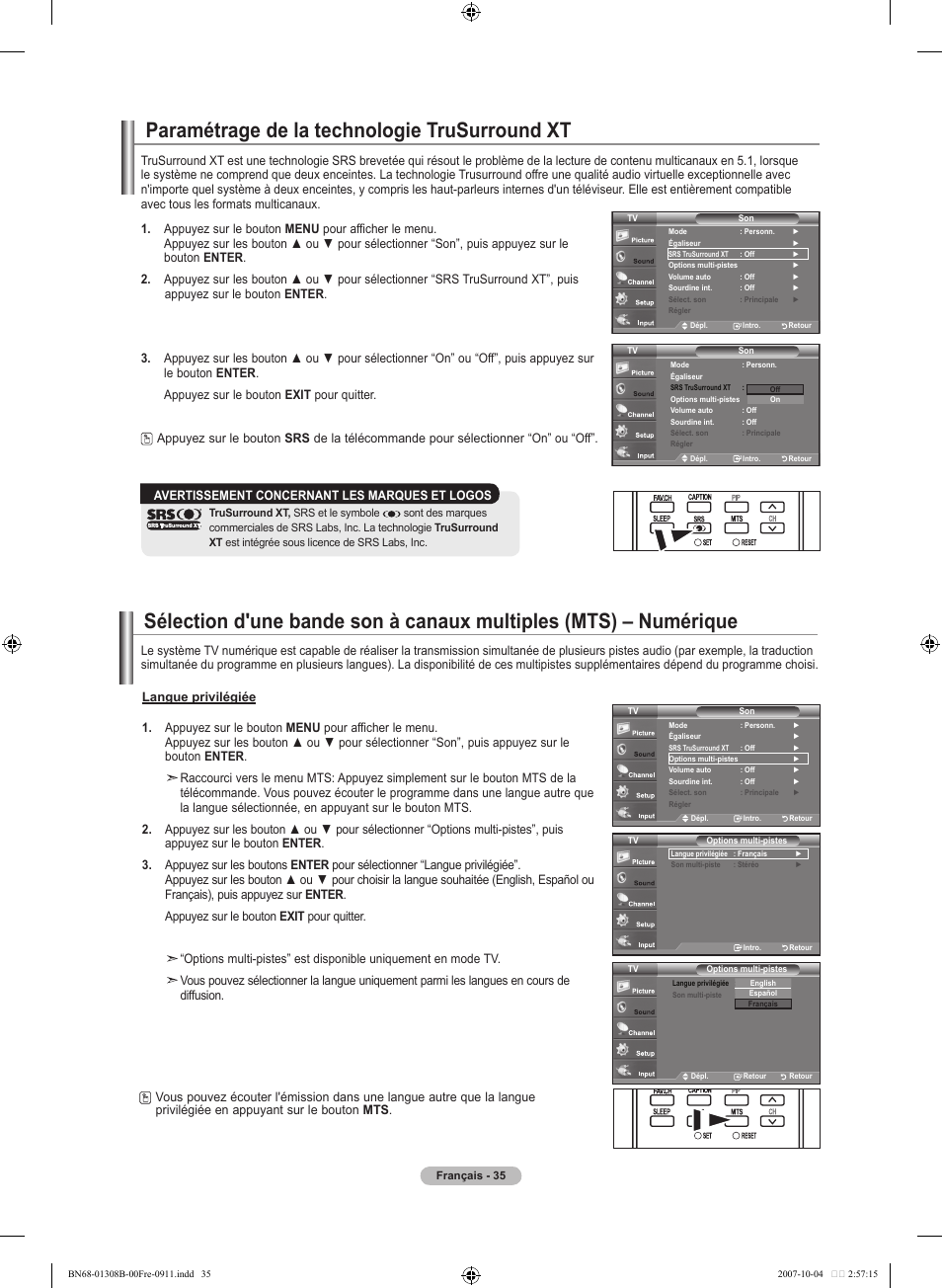 Paramétrage de la technologie trusurround xt | Samsung LNT7081FX-XAA User Manual | Page 125 / 266