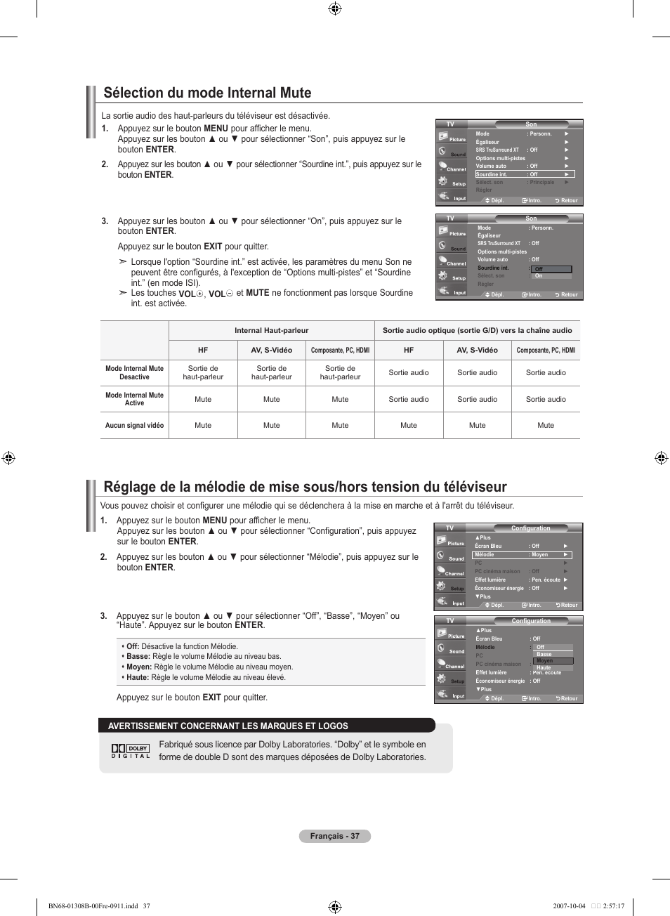 Sélection du mode internal mute | Samsung LNT7081FX-XAA User Manual | Page 127 / 266