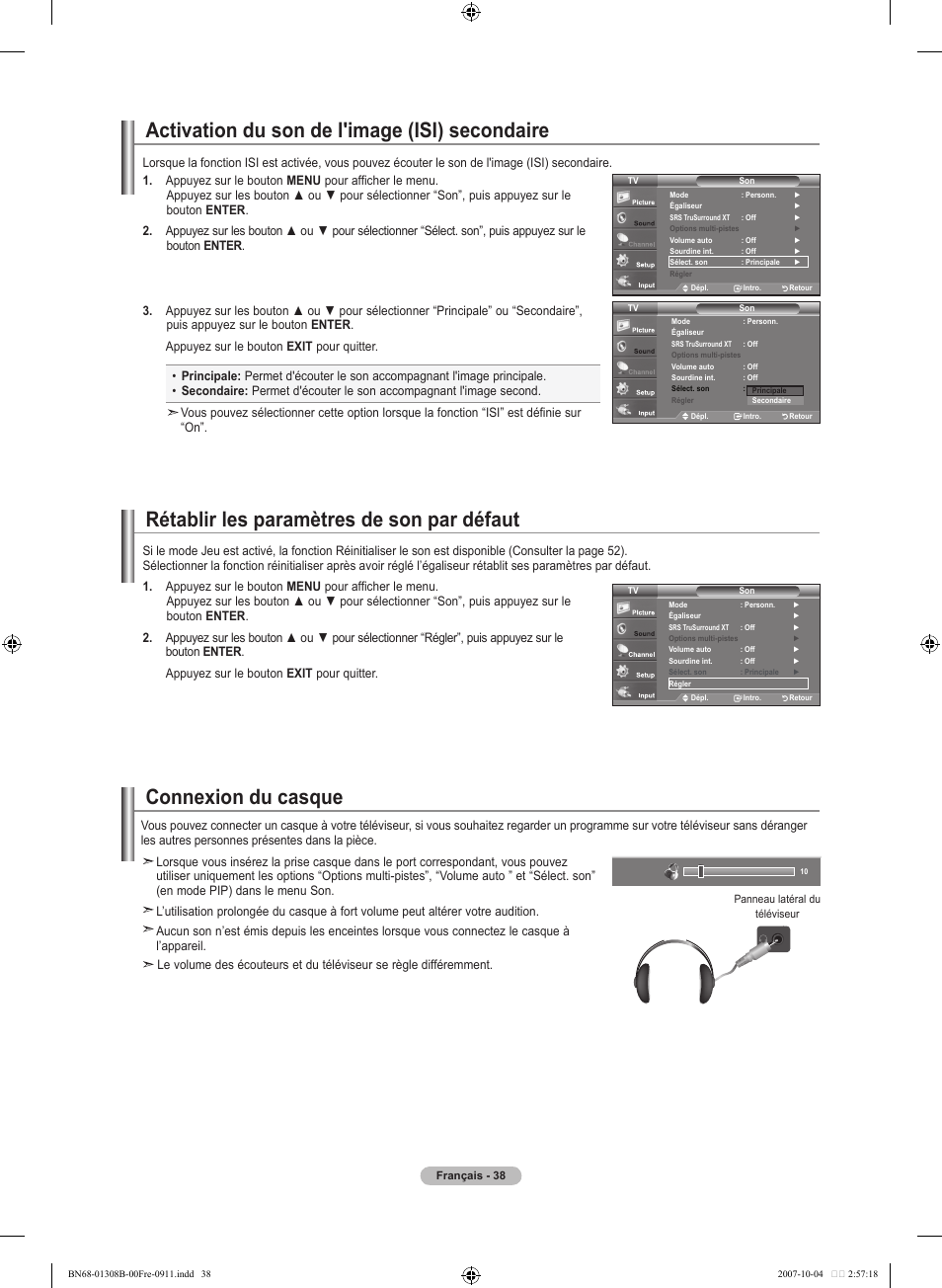 Rétablir les paramètres de son par défaut, Connexion du casque, Activation du son de l'image (isi) secondaire | Samsung LNT7081FX-XAA User Manual | Page 128 / 266