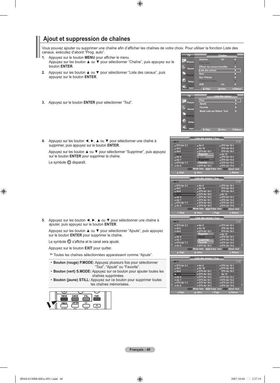Ajout et suppression de chaînes | Samsung LNT7081FX-XAA User Manual | Page 130 / 266