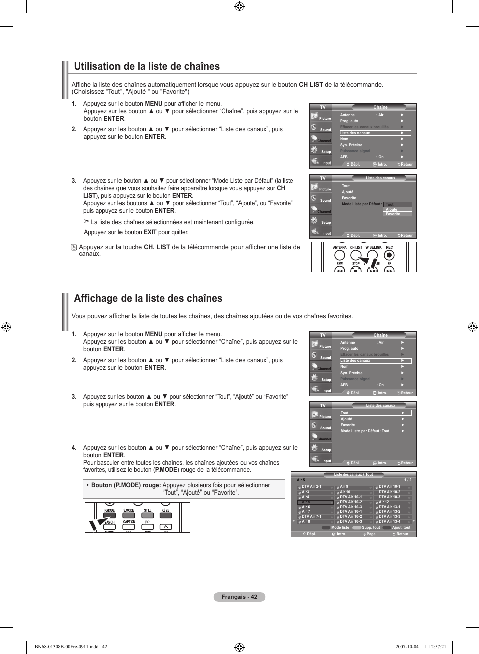 Utilisation de la liste de chaînes, Affichage de la liste des chaînes | Samsung LNT7081FX-XAA User Manual | Page 132 / 266