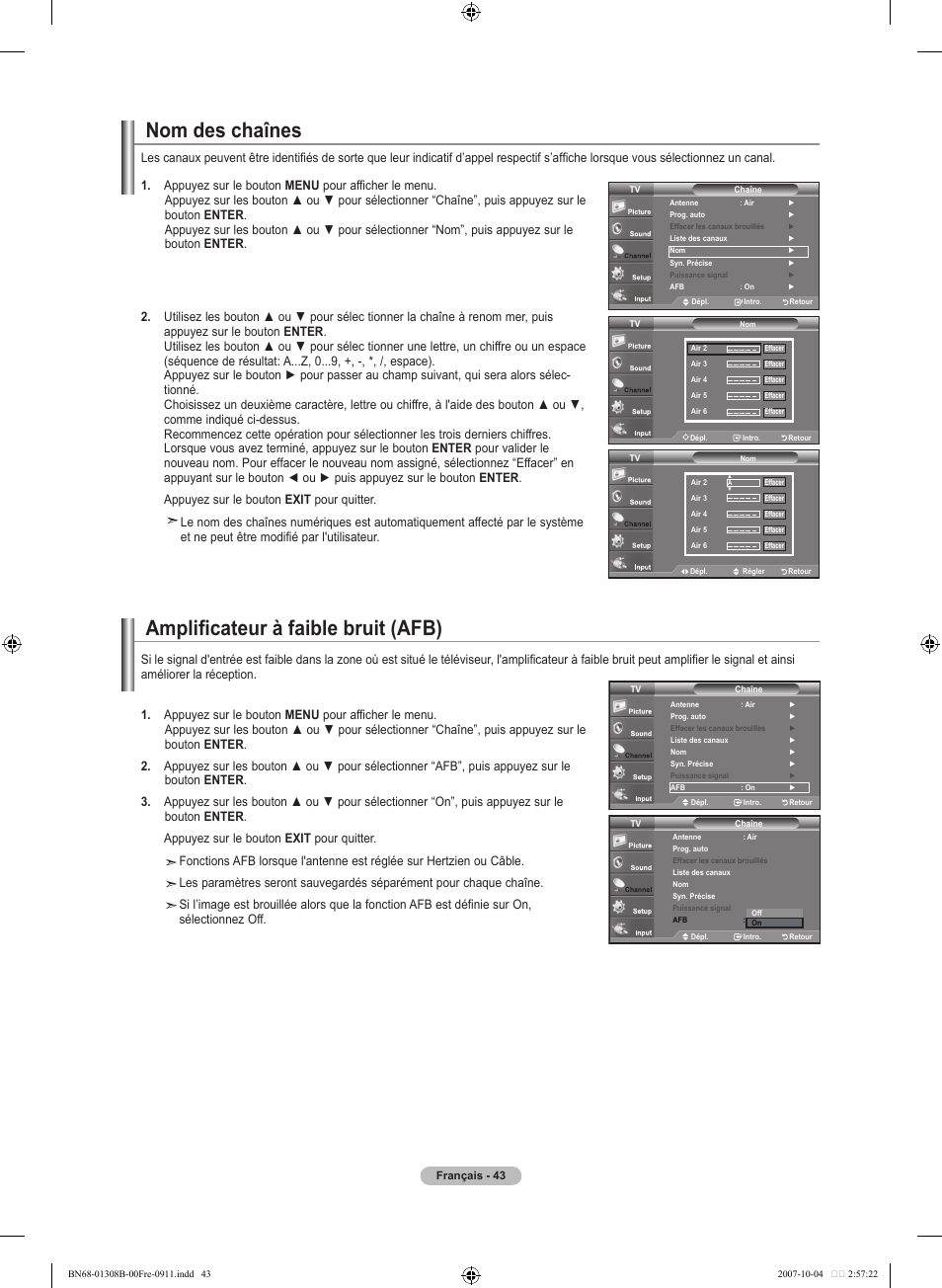 Nom des chaînes, Amplificateur à faible bruit (afb) | Samsung LNT7081FX-XAA User Manual | Page 133 / 266
