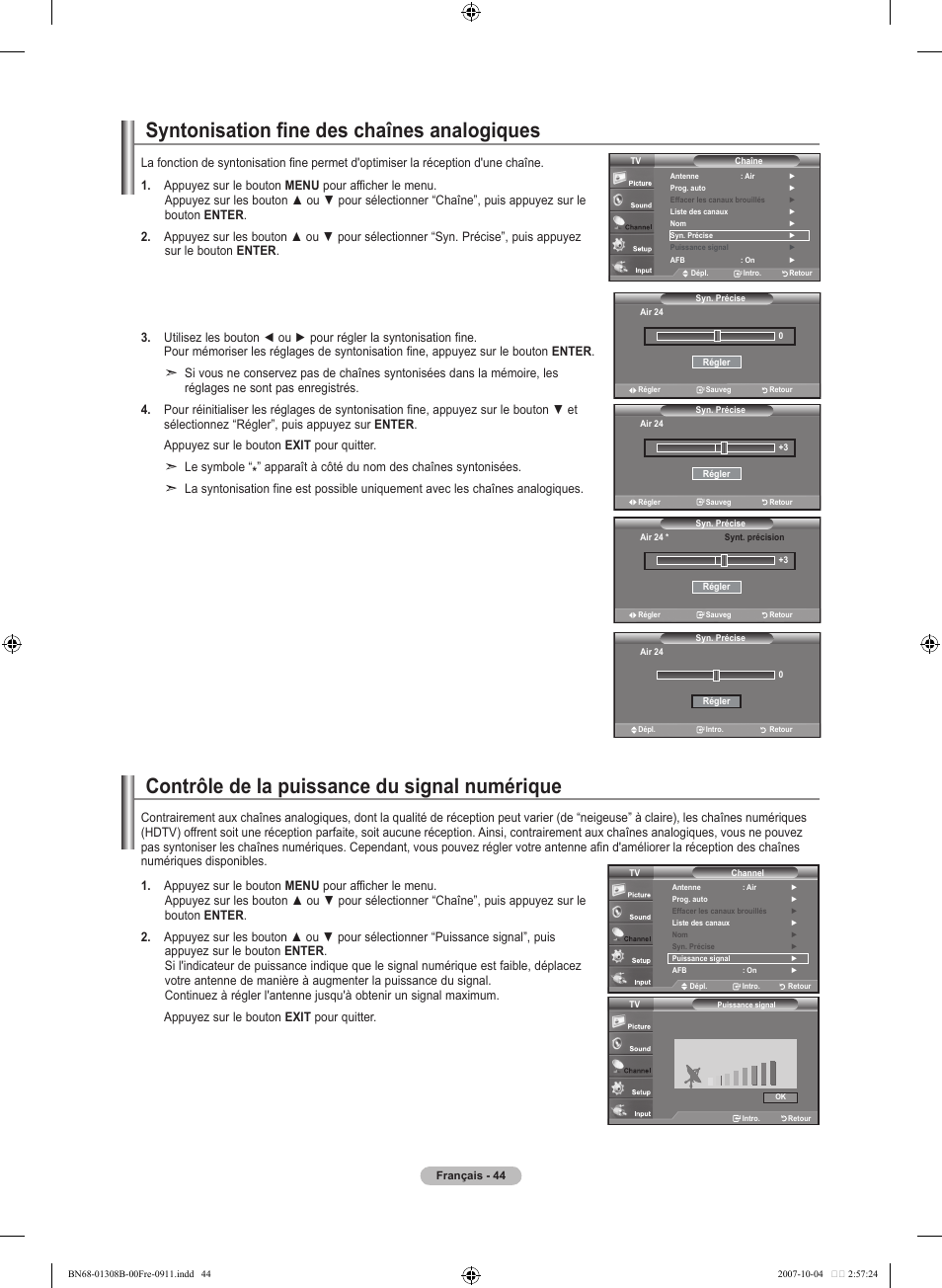 Syntonisation fine des chaînes analogiques, Contrôle de la puissance du signal numérique | Samsung LNT7081FX-XAA User Manual | Page 134 / 266
