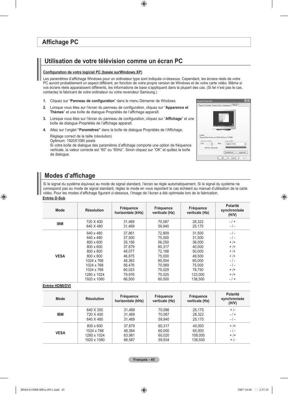Utilisation de votre télévision comme un écran pc, Modes d’affichage, Affichage pc | Samsung LNT7081FX-XAA User Manual | Page 135 / 266