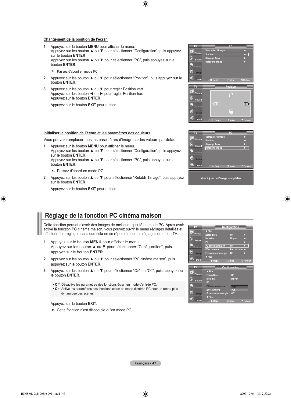 Réglage de la fonction pc cinéma maison | Samsung LNT7081FX-XAA User Manual | Page 137 / 266