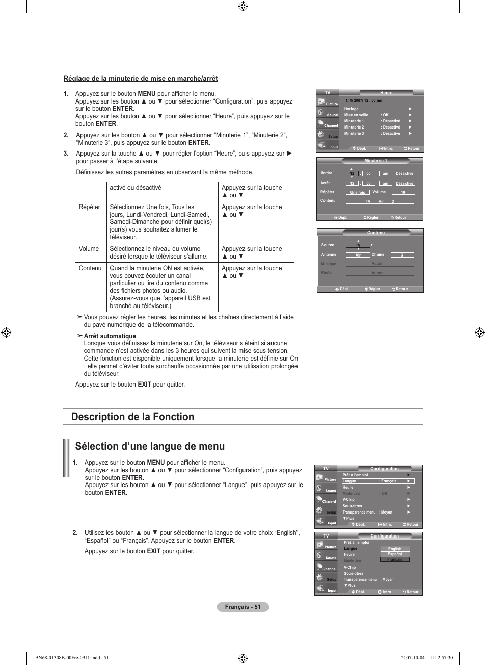 Sélection d’une langue de menu, Description de la fonction | Samsung LNT7081FX-XAA User Manual | Page 141 / 266
