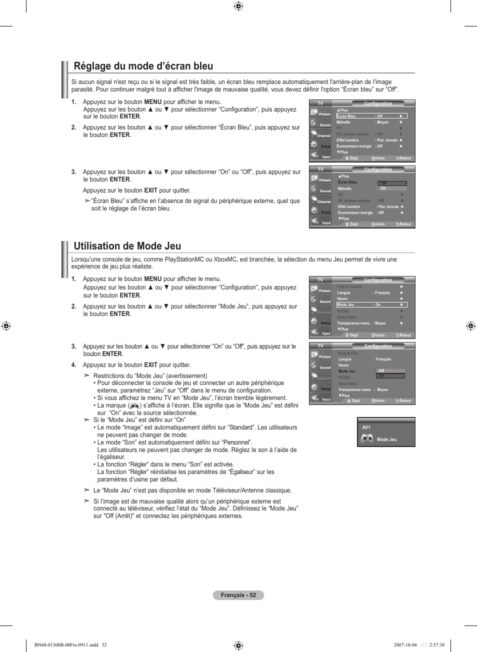 Réglage du mode d’écran bleu, Utilisation de mode jeu | Samsung LNT7081FX-XAA User Manual | Page 142 / 266