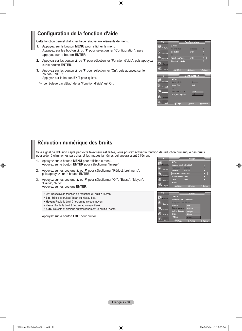 Configuration de la fonction d'aide, Réduction numérique des bruits | Samsung LNT7081FX-XAA User Manual | Page 146 / 266