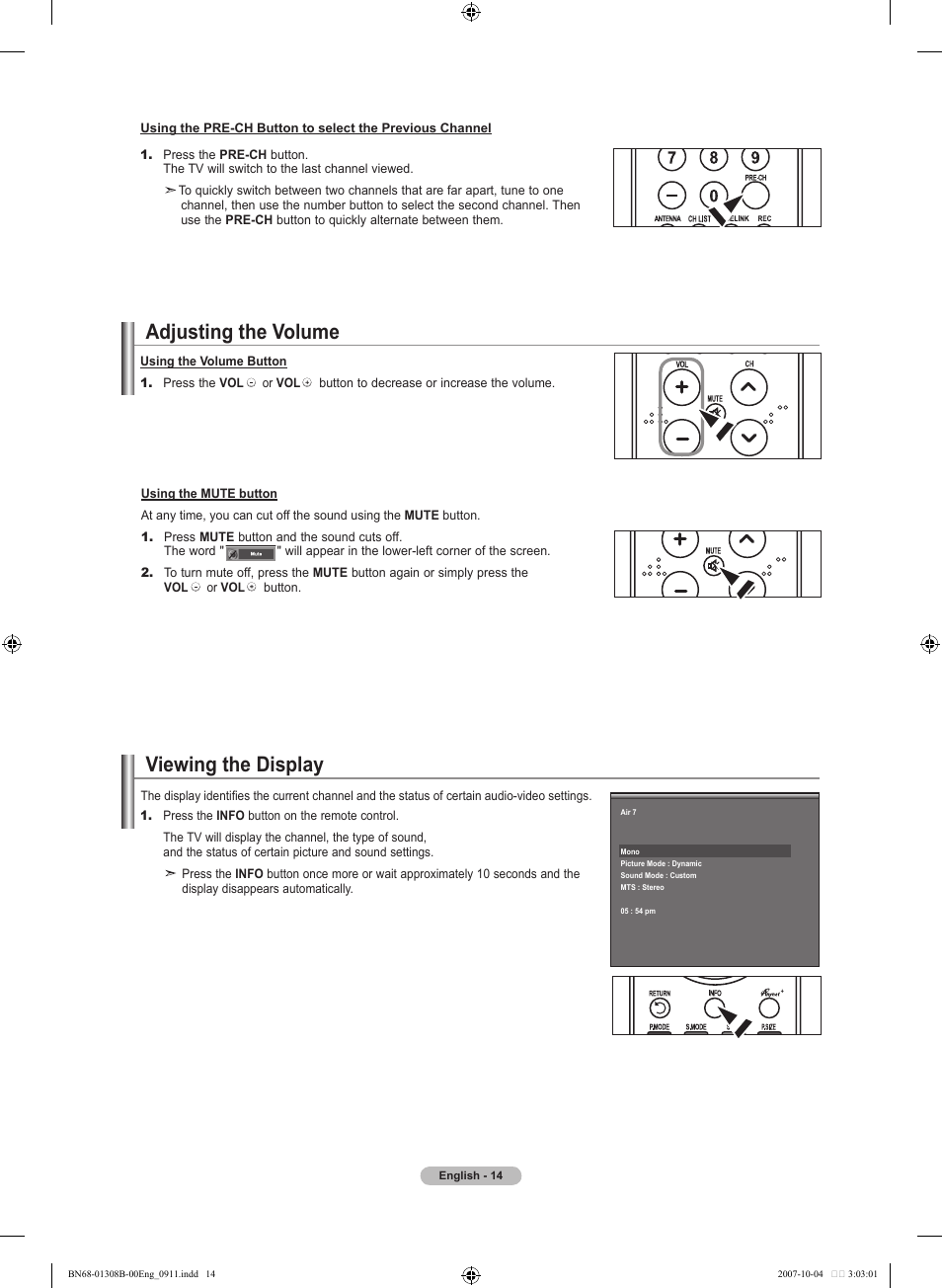 Adjusting the volume, Viewing the display, Changing channels | Samsung LNT7081FX-XAA User Manual | Page 16 / 266