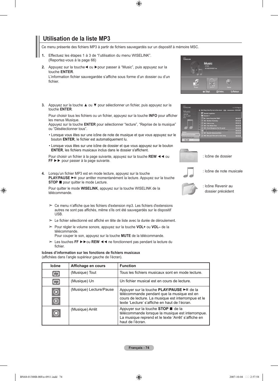 Utilisation de la liste mp | Samsung LNT7081FX-XAA User Manual | Page 164 / 266