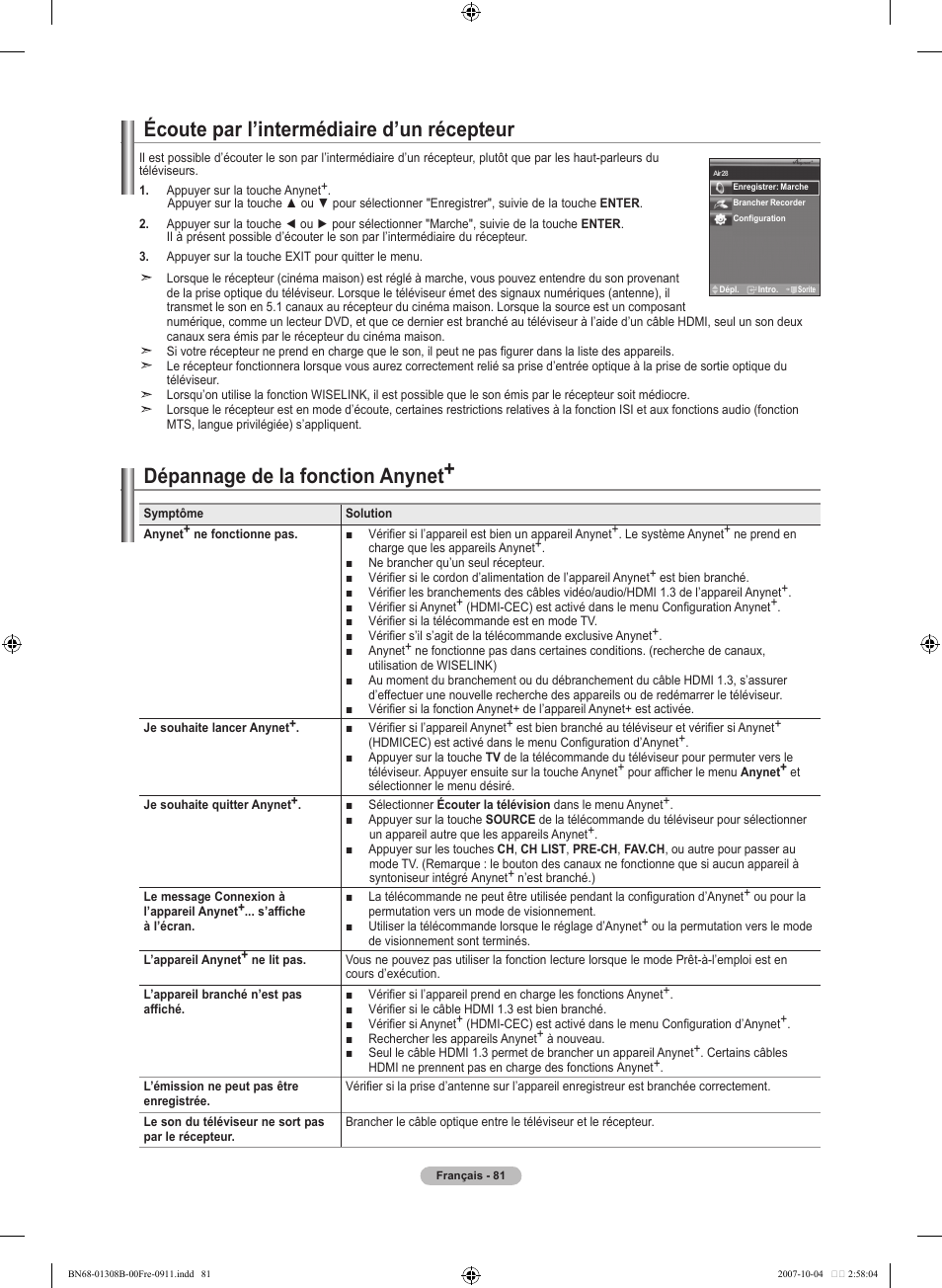 Écoute par l’intermédiaire d’un récepteur, Dépannage de la fonction anynet | Samsung LNT7081FX-XAA User Manual | Page 171 / 266