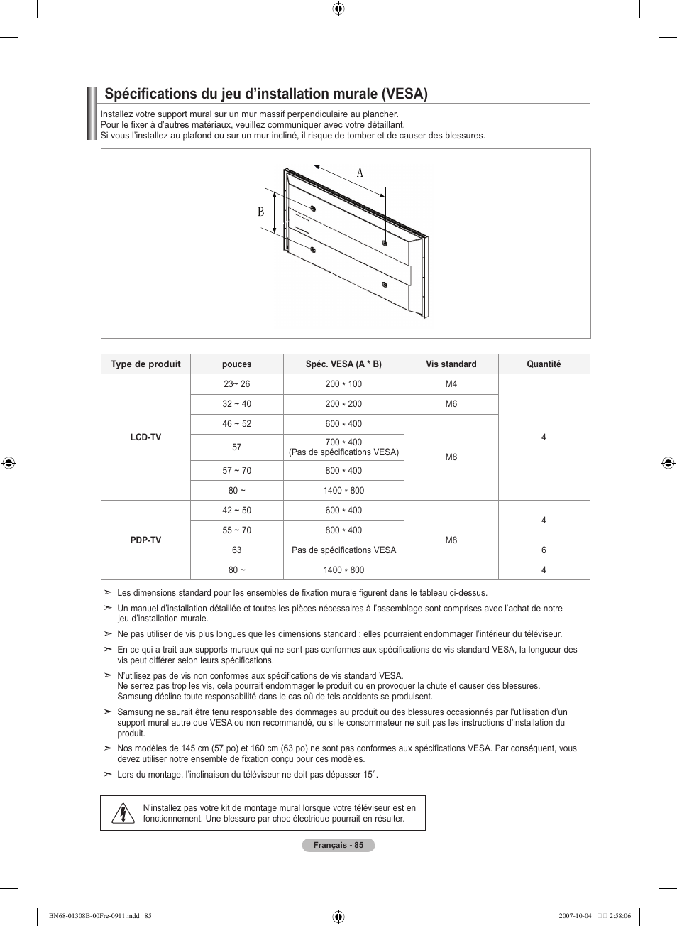 Spécifications du jeu d’installation murale (vesa) | Samsung LNT7081FX-XAA User Manual | Page 175 / 266