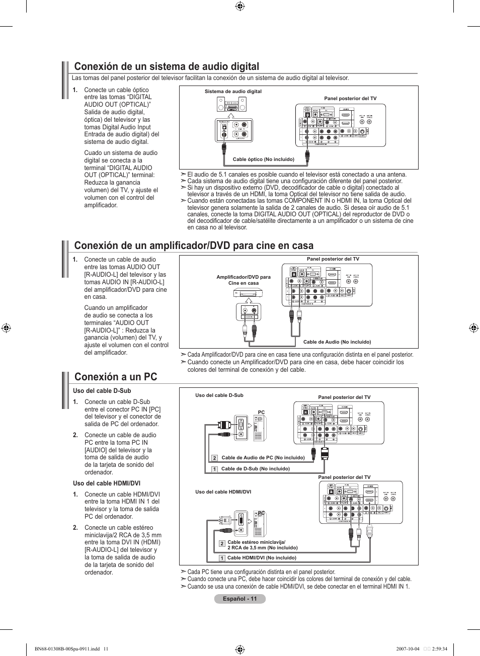 Conexión de un amplificador/dvd para cine en casa, Conexión de un sistema de audio digital, Conexión a un pc | Samsung LNT7081FX-XAA User Manual | Page 189 / 266