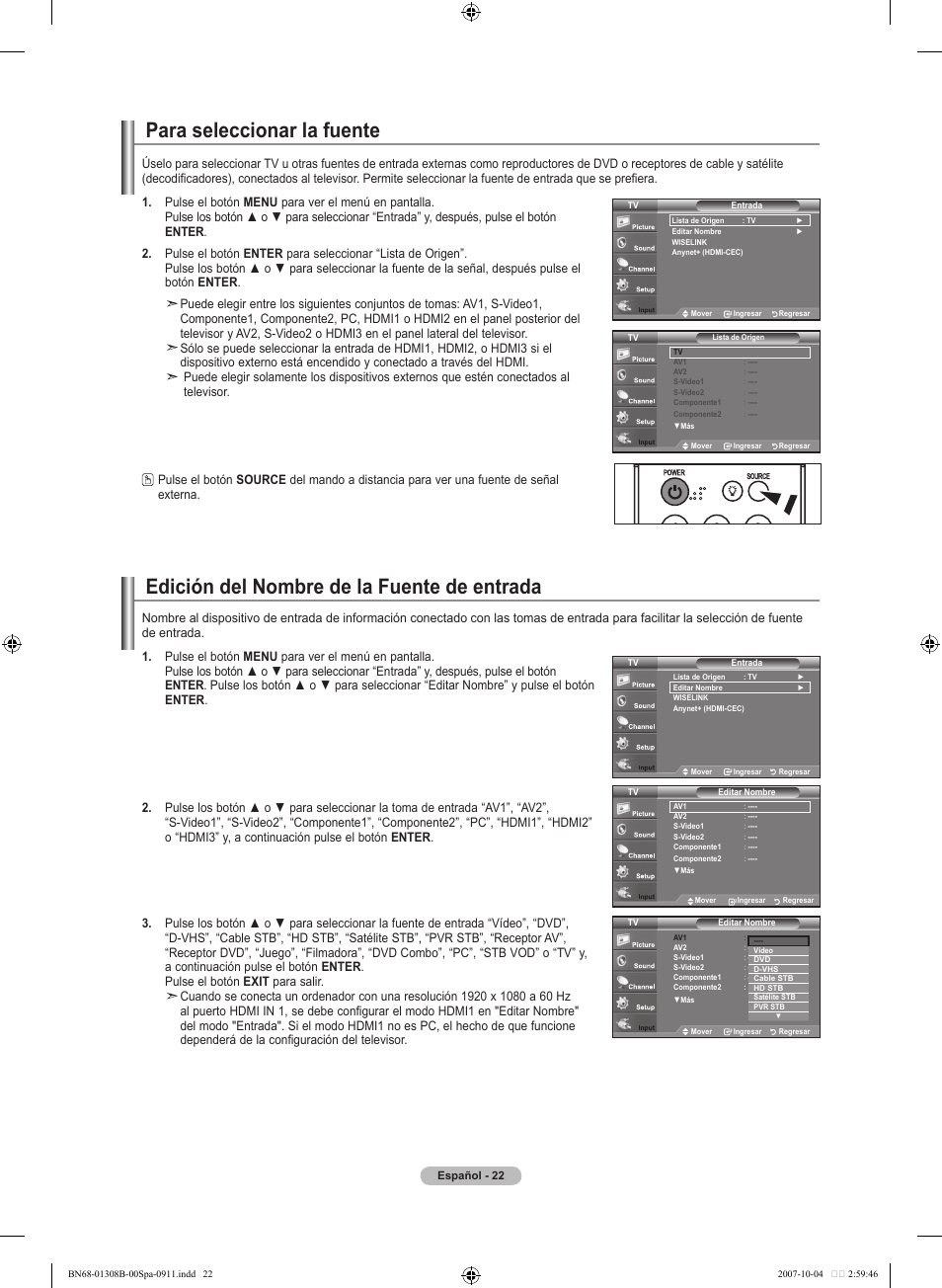 Para seleccionar la fuente, Edición del nombre de la fuente de entrada | Samsung LNT7081FX-XAA User Manual | Page 200 / 266