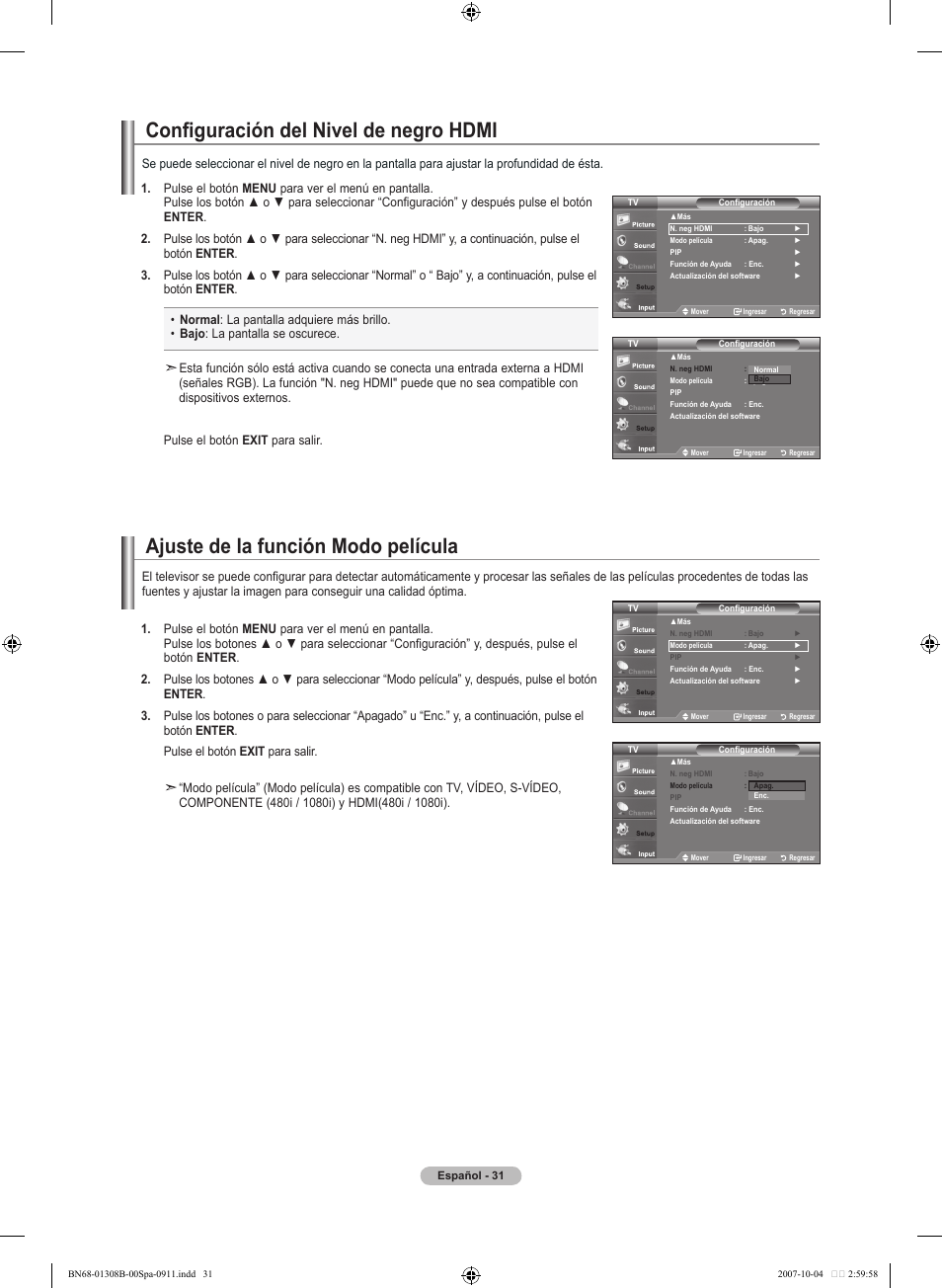Configuración del nivel de negro hdmi, Ajuste de la función modo película | Samsung LNT7081FX-XAA User Manual | Page 209 / 266