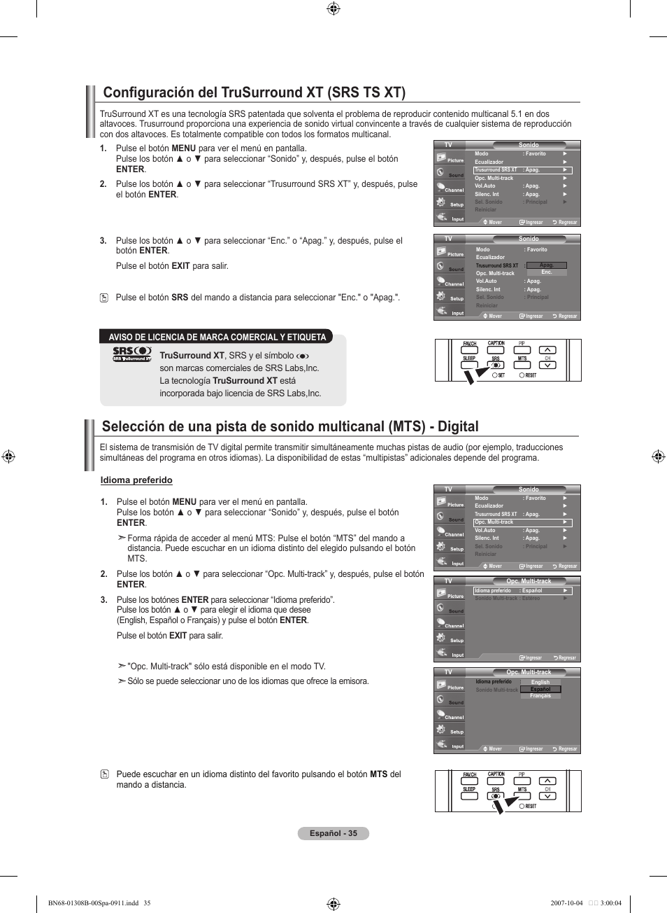 Configuración del trusurround xt (srs ts xt) | Samsung LNT7081FX-XAA User Manual | Page 213 / 266