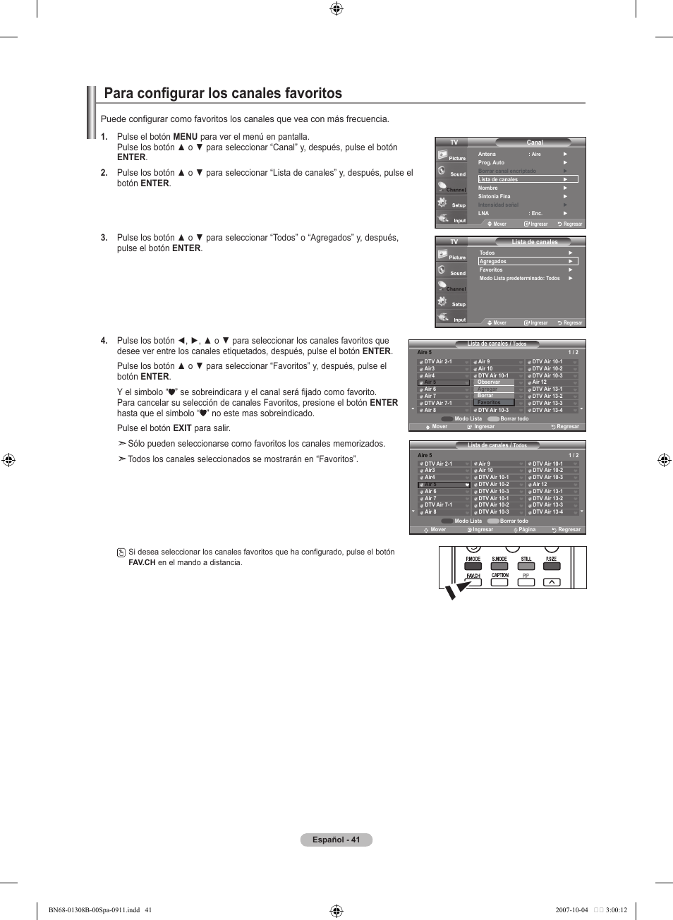 Para configurar los canales favoritos | Samsung LNT7081FX-XAA User Manual | Page 219 / 266