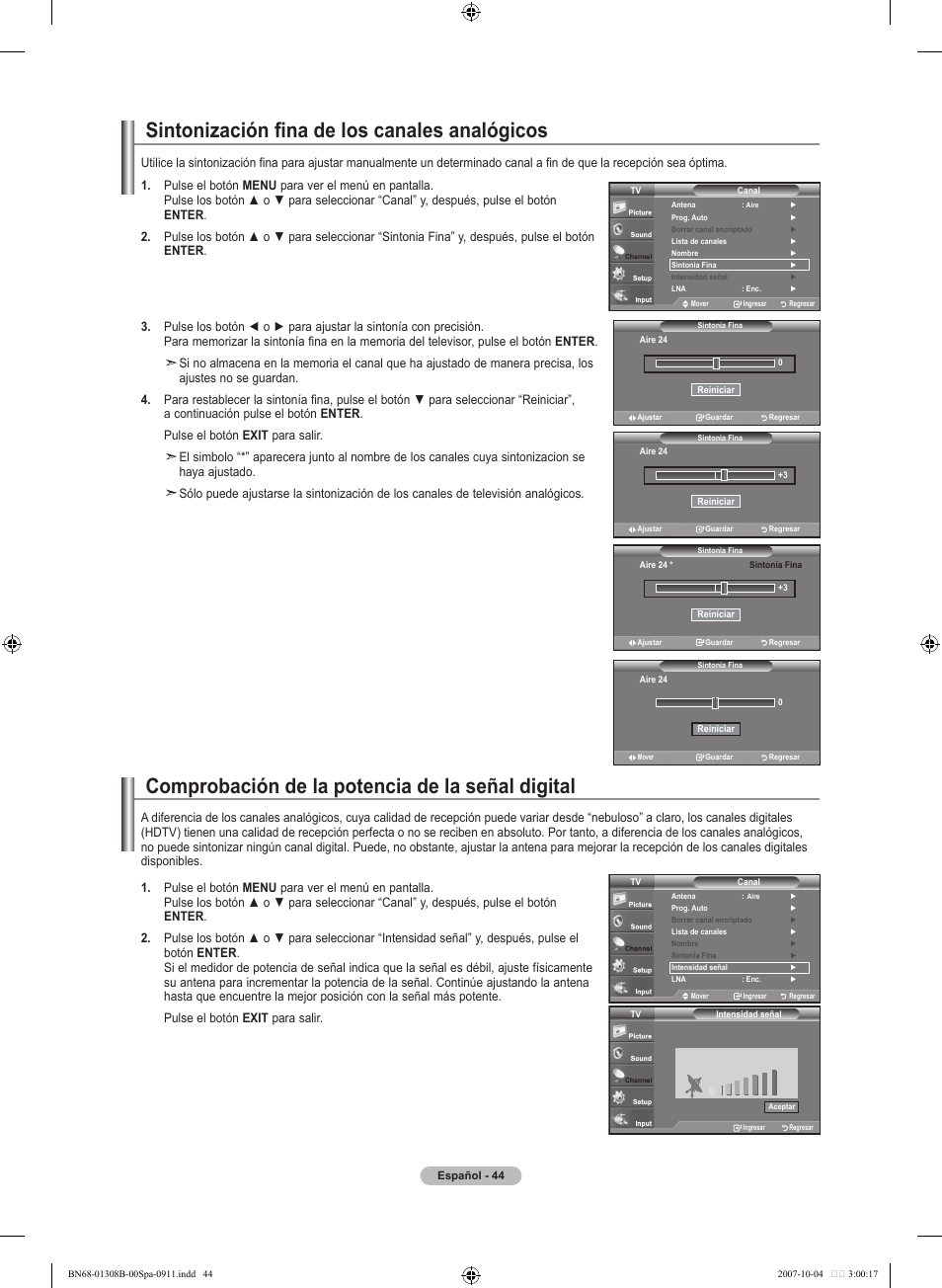 Sintonización fina de los canales analógicos, Comprobación de la potencia de la señal digital | Samsung LNT7081FX-XAA User Manual | Page 222 / 266