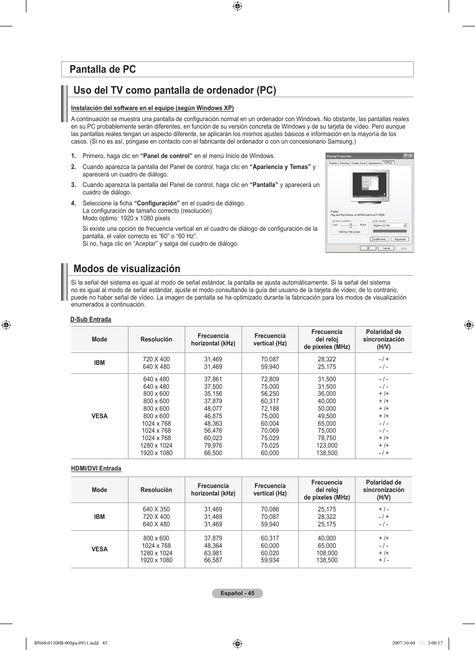 Uso del tv como pantalla de ordenador (pc), Modos de visualización pantalla de pc | Samsung LNT7081FX-XAA User Manual | Page 223 / 266