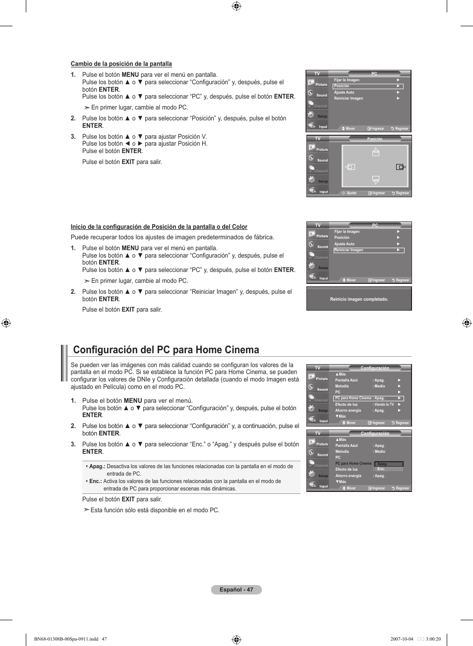 Configuración del pc para home cinema | Samsung LNT7081FX-XAA User Manual | Page 225 / 266