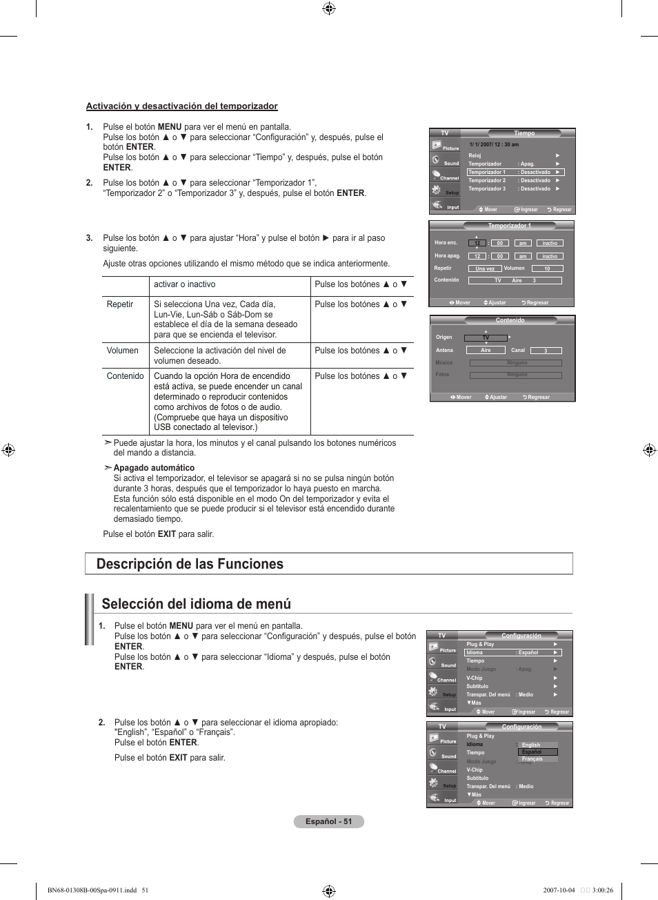 Selección del idioma de menú, Descripción de las funciones | Samsung LNT7081FX-XAA User Manual | Page 229 / 266