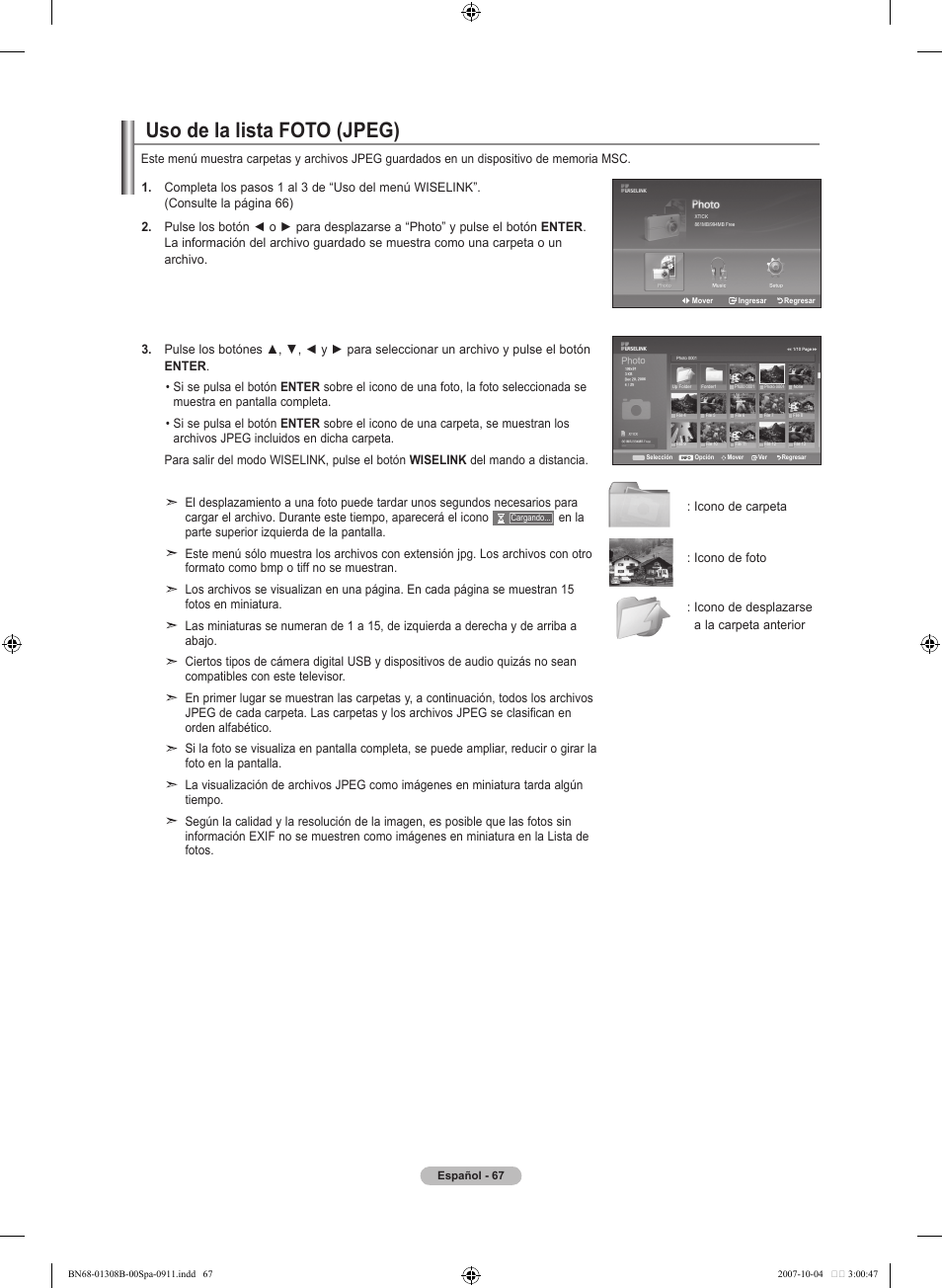 Uso de la lista foto (jpeg) | Samsung LNT7081FX-XAA User Manual | Page 245 / 266